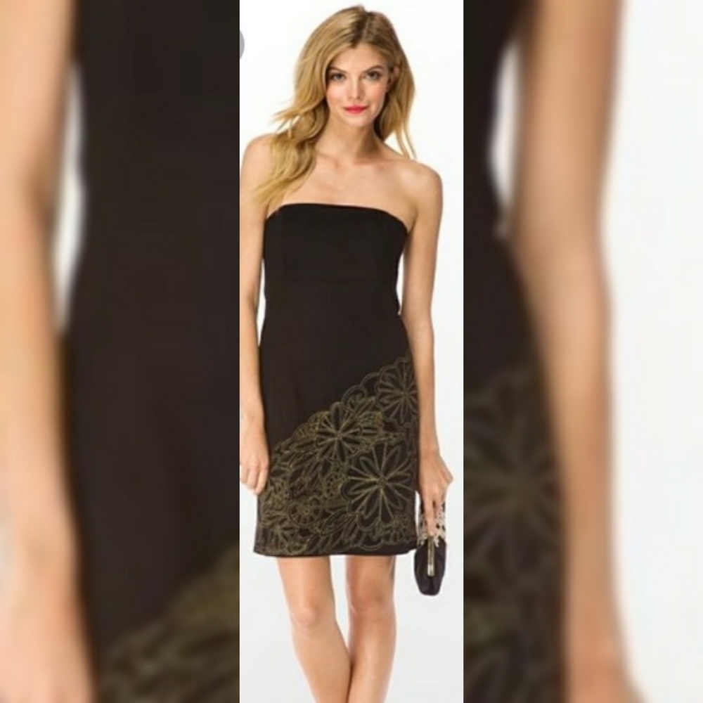 EUC Lilly Pulitzer Black Strapless Dress with Gold Floral Embroidery - Picture 2 of 8